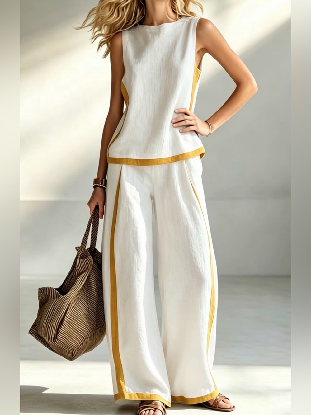 White & Mustard Linen-Trim Wide Leg Jumpsuit